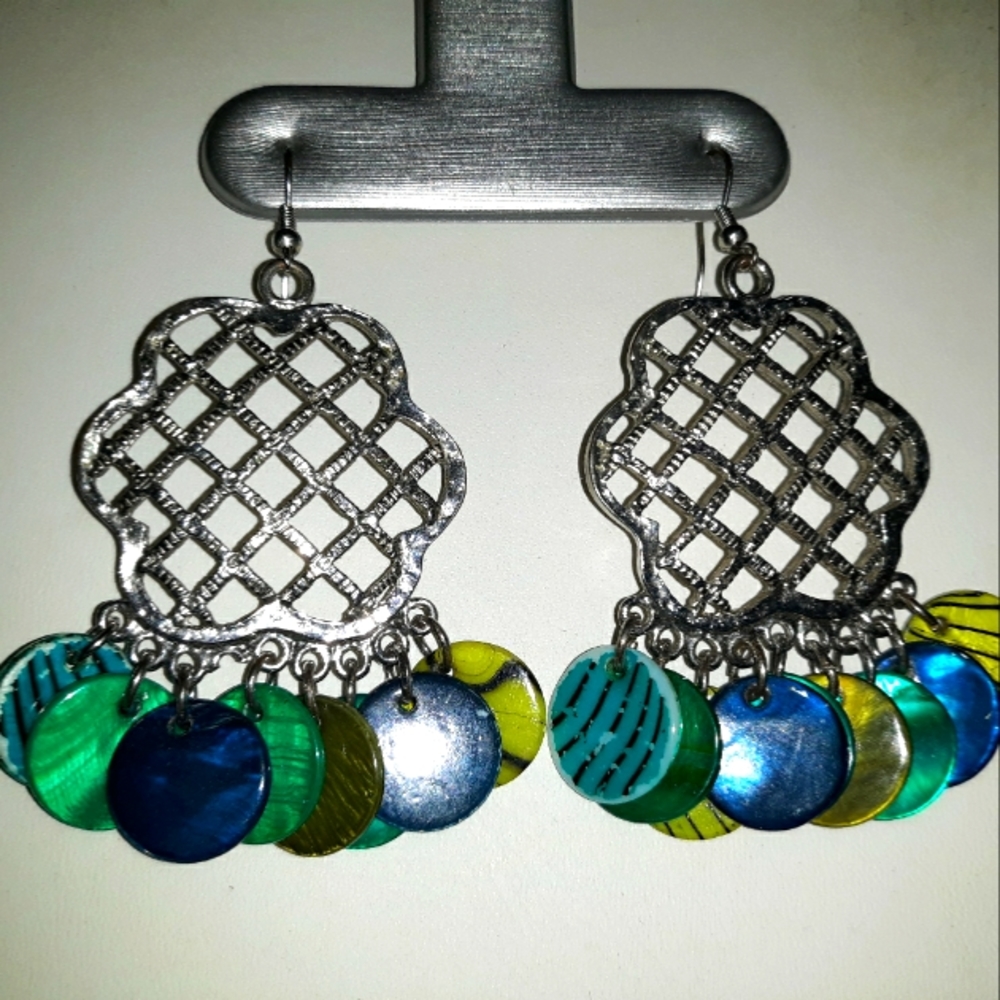 BEAUTIFUL DANGLING EARRINGS SILVER TONED WITH BLUE AND LIME ACCENTS